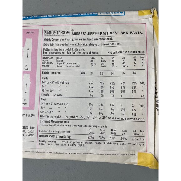 1973 Simplicity 5858 Misses Jiffy Knit Sewing Pattern Size 10 Vest Pant Easy Sew - Picture 5 of 6